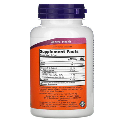 NOW CoQ10 60 мг with Omega-3 (коэнзим Q10 с рыбьим жиром с омега-3) 60 капсул