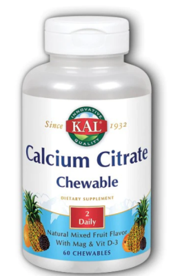 KAL Calcium Citrate (Цитрат Кальция с магнием и витамином D-3) смесь фруктов 500 мг 60 жевательных таблеток