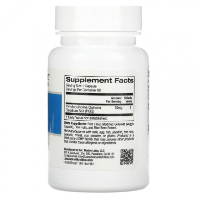 Lake Avenue Nutrition PQQ (пирролохинолинхинон) 10 мг 60 капсул