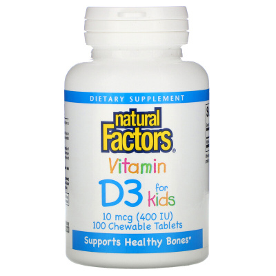 Natural Factors Vitamin D3 (Витамин D3 для детей) клубничный вкус 10 мкг (400 МЕ) 100 жевательных таблеток