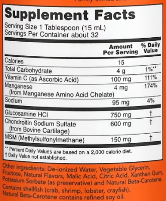 NOW Liquid Glucosamine & Chondroitin with MSM (Жидкий глюкозамин и хондроитин с МСМ) 473 мл