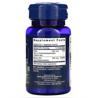 Life Extension BioActive Folate & Vitamin B12 (биоактивные фолат и витамин B12) 90 вег. капсул