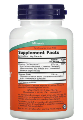 NOW Tri-Chromium™ 500 mcg with Cinnamon (Хром 500 мкг с Корицей) 180 вег. капсул